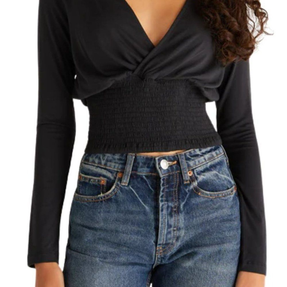 Urban Outfitter Deep V ruffle cuff top black blouse NWOT
